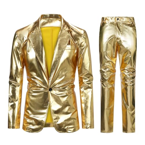 Allthemen Herren Smoking 2 Teilig Slim Fit Kostüm Anzug Hochzeitanzug Jacke Hose für Party Disco Gold XXL von Allthemen