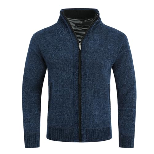 Allthemen Herren Strickjacke Cardigan mit Reißverschluss und Stehkragen Gefüttert Grobstrick Pullover Blau L von Allthemen