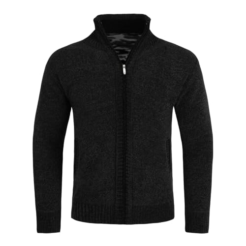 Allthemen Herren Strickjacke Cardigan mit Reißverschluss und Stehkragen Gefüttert Grobstrick Pullover Schwarz M von Allthemen