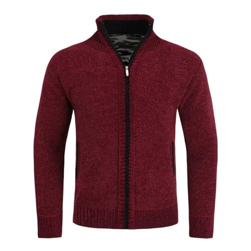 Allthemen Herren Strickjacke Cardigan mit Reißverschluss und Stehkragen Gefüttert Grobstrick Pullover Rot L von Allthemen