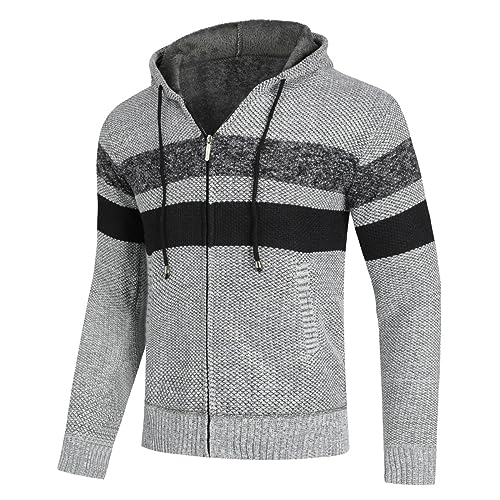 Allthemen Herren Strickjacke mit Kapuze Gefüttert Cardigan Männer Grobstrick Kapuzenjacke Winterjacke Übergangsjacke Warm #8809 Hellgrau XL von Allthemen