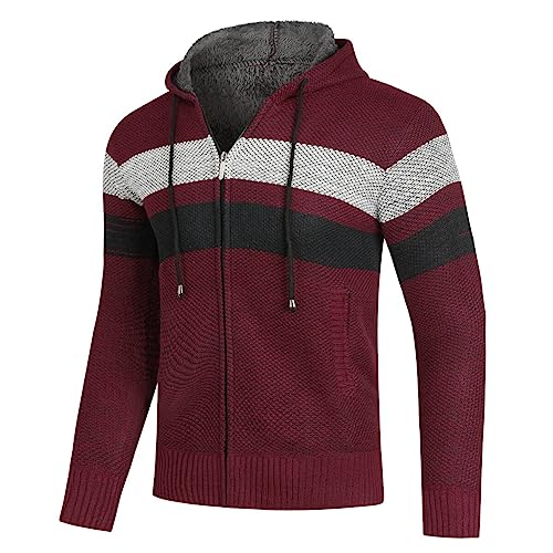 Allthemen Herren Strickjacke mit Kapuze Gefüttert Cardigan Männer Grobstrick Kapuzenjacke Winterjacke Übergangsjacke Warm #8809 Rot M von Allthemen