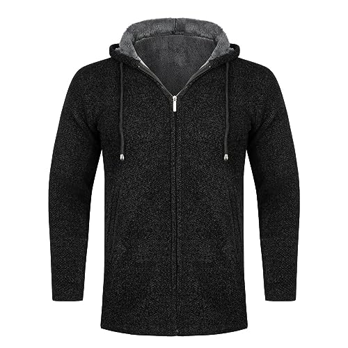 Allthemen Herren Strickjacke mit Kapuze Lang Gefüttert Cardigan Grobstrick Kapuzenjacke Kapuzenpullover Winterjacke Schwarz L von Allthemen