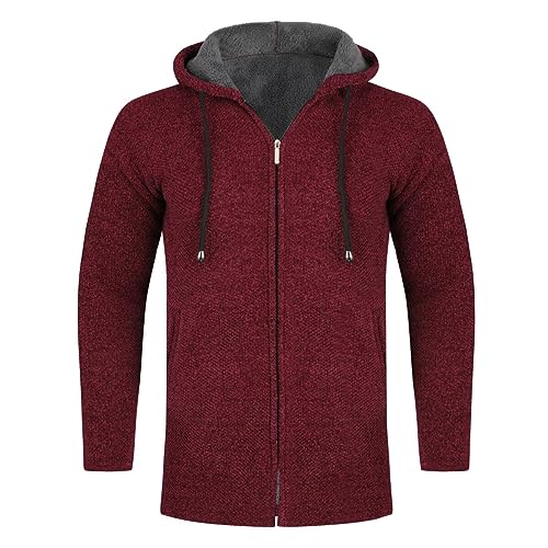 Allthemen Herren Strickjacke mit Kapuze Lang Gefüttert Cardigan Grobstrick Kapuzenjacke Kapuzenpullover Winterjacke Weinrot XXL von Allthemen