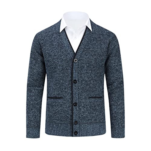 Allthemen Herren Strickjacke mit V Ausschnitt Gefüttert Cardigan mit Knöpfen Grobstrick Pullover Männer Warm Übergangsjacke Grau+Blau M von Allthemen