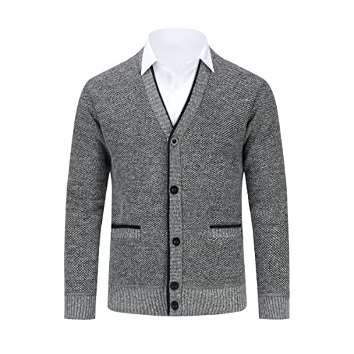 Allthemen Herren Strickjacke mit V Ausschnitt Gefüttert Cardigan mit Knöpfen Grobstrick Pullover Männer Warm Übergangsjacke Hellgrau XL von Allthemen