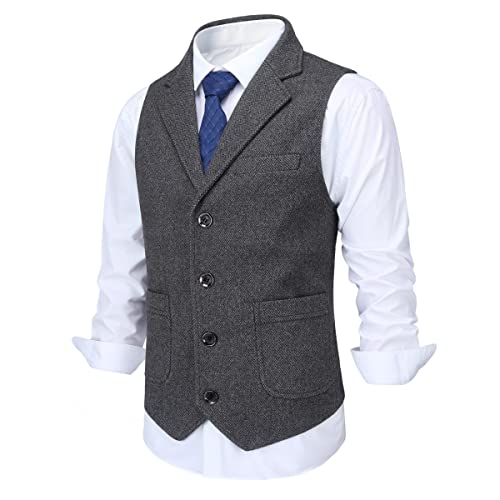 Allthemen Herren Weste Revers Tweed Wolle Anzugweste Formale Regular Fit Herrenweste Retro Business Hochzeit Grau 3XL von Allthemen