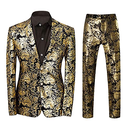 Allthemen Jacquard Smoking Herren Anzug Fallendes Revers 2 Teilig Set für Hochzeit Party Gold 3XL von Allthemen