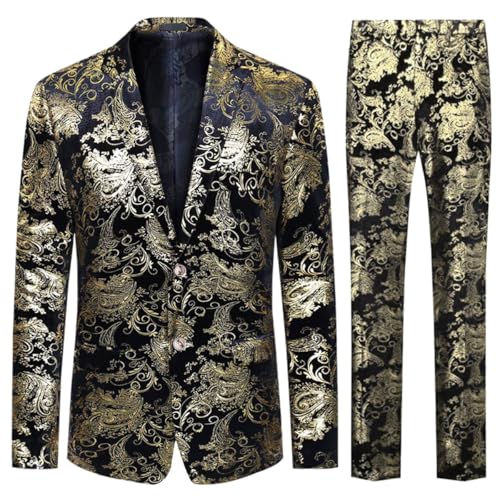 Allthemen Jacquard Smoking Herren Anzug Fallendes Revers 2 Teilig Set für Hochzeit Party Gold XXL von Allthemen