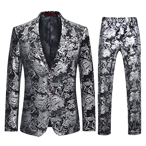 Allthemen Jacquard Smoking Herren Anzug Fallendes Revers 2 Teilig Set für Hochzeit Party Silber L von Allthemen