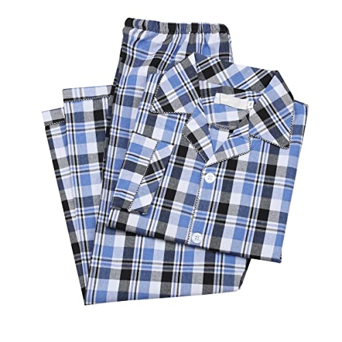 Allthemen Pyjama Herren Karierter Schlafanzug Lang Pyjama Baumwolle Zweiteiliger Hausanzug Langarm Shirt und Pyjamahose #007 Blau L von Allthemen