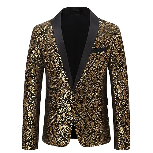 Allthemen Sakko Herren Slim Fit Jacquard Bunte Sakko Casual Blazer Glitzer Smokingjacke Anzugjacke für Hochzeit Gold 3XL von Allthemen