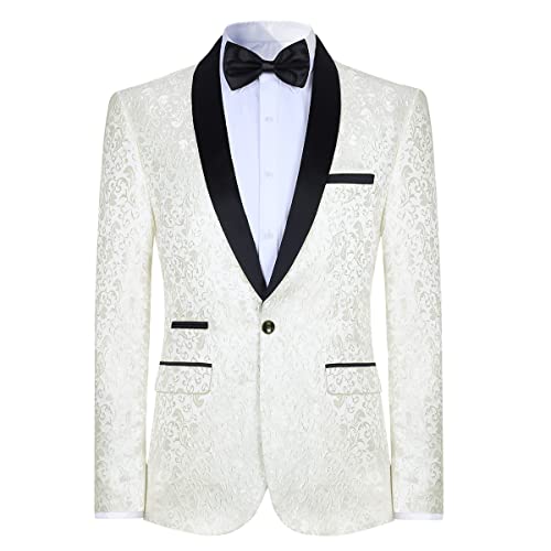 Allthemen Sakko Herren Slim Fit Jacquard Bunte Sakko Casual Blazer Glitzer Smokingjacke Anzugjacke für Hochzeit Weiß L von Allthemen