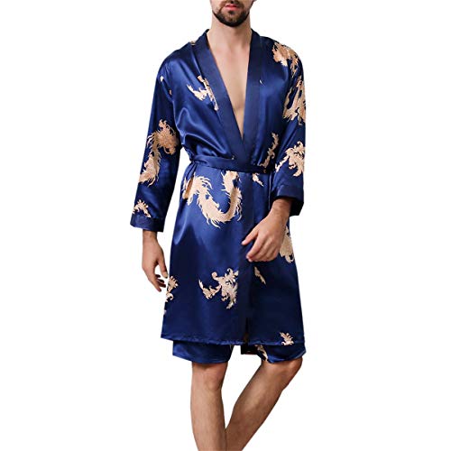 Allthemen Satin Bademantel mit Hose Herren Seide Morgenmantel Leicht Kimono Lang Hausmantel Satin Robe #18001 Blau L von Allthemen