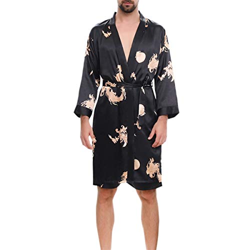 Allthemen Satin Bademantel mit Hose Herren Seide Morgenmantel Leicht Kimono Lang Hausmantel Satin Robe #18001 Schwarz L von Allthemen