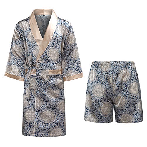 Allthemen Satin Bademantel mit Hose Herren Seide Morgenmantel Leicht Kimono Lang Hausmantel Satin Robe #880001 Blau XXL von Allthemen