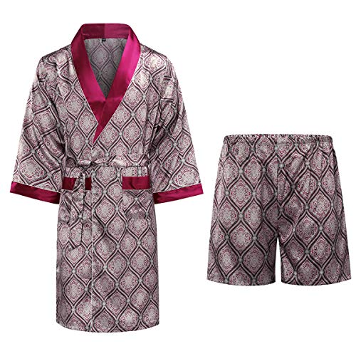 Allthemen Satin Bademantel mit Hose Herren Seide Morgenmantel Leicht Kimono Lang Hausmantel Satin Robe #880001 Dunkelrot L von Allthemen