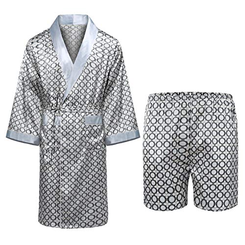 Allthemen Satin Bademantel mit Hose Herren Seide Morgenmantel Leicht Kimono Lang Hausmantel Satin Robe #880001 Grau L von Allthemen