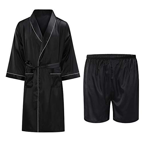 Allthemen Satin Bademantel mit Hose Herren Seide Morgenmantel Leicht Kimono Lang Hausmantel Satin Robe #880001 Schwarz S von Allthemen