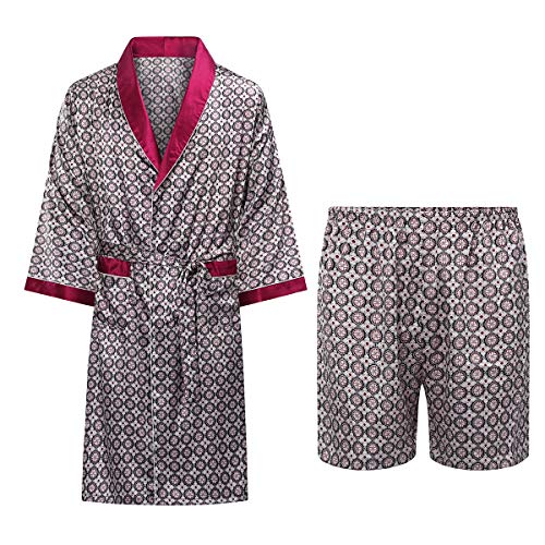 Allthemen Satin Bademantel mit Hose Herren Seide Morgenmantel Leicht Kimono Lang Hausmantel Satin Robe #880001 Rot M von Allthemen