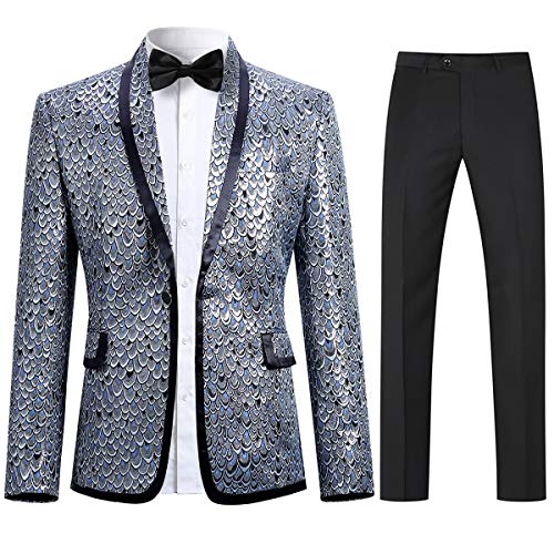 Allthemen Slim Fit Herren Smoking Skala Design Anzug Glitzer Anzüge für Abschlussball Party Hochzeit Silber 1 M von Allthemen