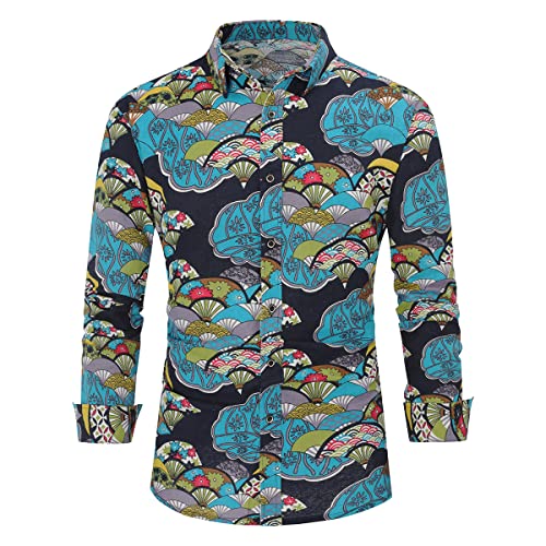 Allthemen Herren Blumen Hemden Leinen Bunte Hemd Langarmhemd Muster Paisley Freizeitshemd Langarm Casual Shirt Folding Fan 3XL von Allthemen