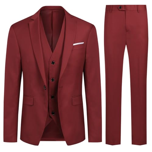 Allthemen Anzug Herren Slim Fit 3 Teilig Anzüge Modern Herrenanzug 3-Teilig Sakko Hose Weste für Business Hochzeit Weinrot XS von Allthemen