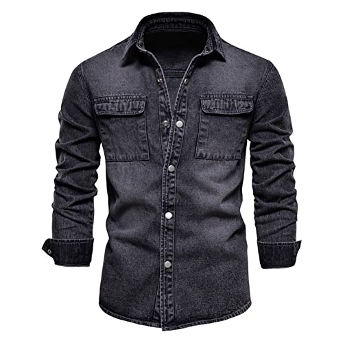 Jeanshemd Herren Langarm Western Denim Shirt Regular Fit Freizeithemden Basic Hemd für Männer #6001 Schwarz L von Allthemen