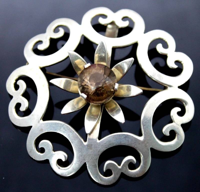 Alte Mexiko Vintage Taxco F. Balladeres Rauch Topaz Durchbohrt Scroll Herz Blume 925 Sterling Silber Brosche Anhänger von AllureUnited