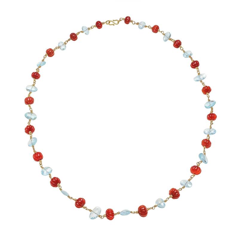 Rote Onyx Handgeschnitzte Melonenperlen Und Blaue Topas Facettierte Rosenschnittperlenkette von AlluringPiecesByC