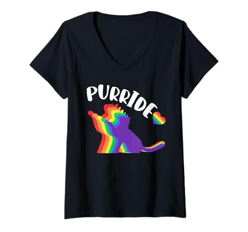 Damen Ally Cat Pride LGBTQ Gay Pride Cat Purride LGBT Rainbow Cat T-Shirt mit V-Ausschnitt Damen Ally Cat Pride LGBTQ Gay Pride Cat Purride LGBT Rainbow Cat T-Shirt mit V-Ausschnitt von Ally Cat Pride Shirt,Gay Pride Cat Purride T Shirt