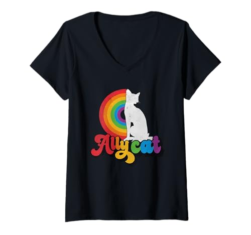 Damen Ally Cat LGBT Ally Pride Regenbogen T-Shirt mit V-Ausschnitt von Ally LGBT Pride Cat Store