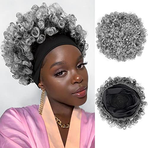 Afro-Perücke für schwarze Frauen, klebefrei, kurz, gelockt, mit Stirnbändern, Synthetik mit 2 Clips (Tgrau) von Allyreetress