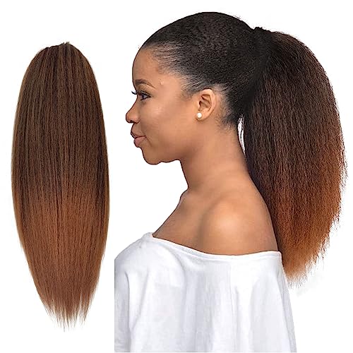 Allyreetress Yaki Pferdeschwanz-Verlängerung mit Kordelzug für schwarze Frauen, kinky gerade, hochrunter, Kunsthaarverlängerung, 50,8 cm, Clip-In, Schwarz zu Braun von Allyreetress