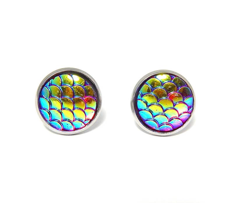 Rote Meerjungfrau Skala Ohrringe, Edelstahl Schillernde Ohrstecker, Runde Drachen Ohrringe von Allysin