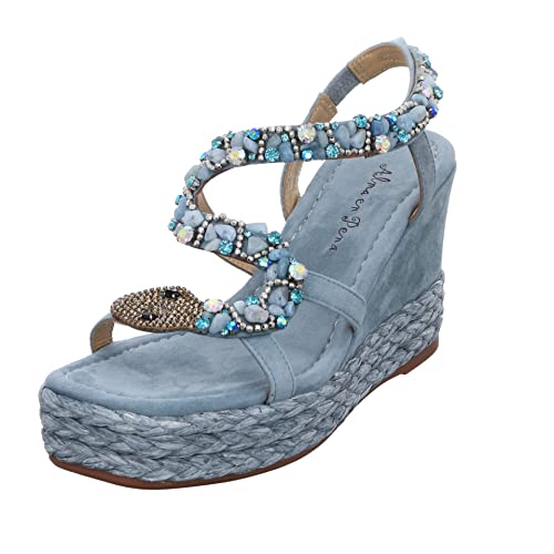 Alma en Pena Damen Sandalen Sandalette Glitzersteine Lederkombination Fußbett Bequem Freizeit uni Damen Sandalette Glitzersteine hellblau türkis von Alma en Pena