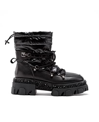 Alma en Pena Damen Stiefel Schuhe Boots Glitzersteine Ziersteine Leder-/Textilkombination Elegant Freizeit uni Boots Stiefelette Leder Schwarz Ziersteine Freizeit von Alma en Pena