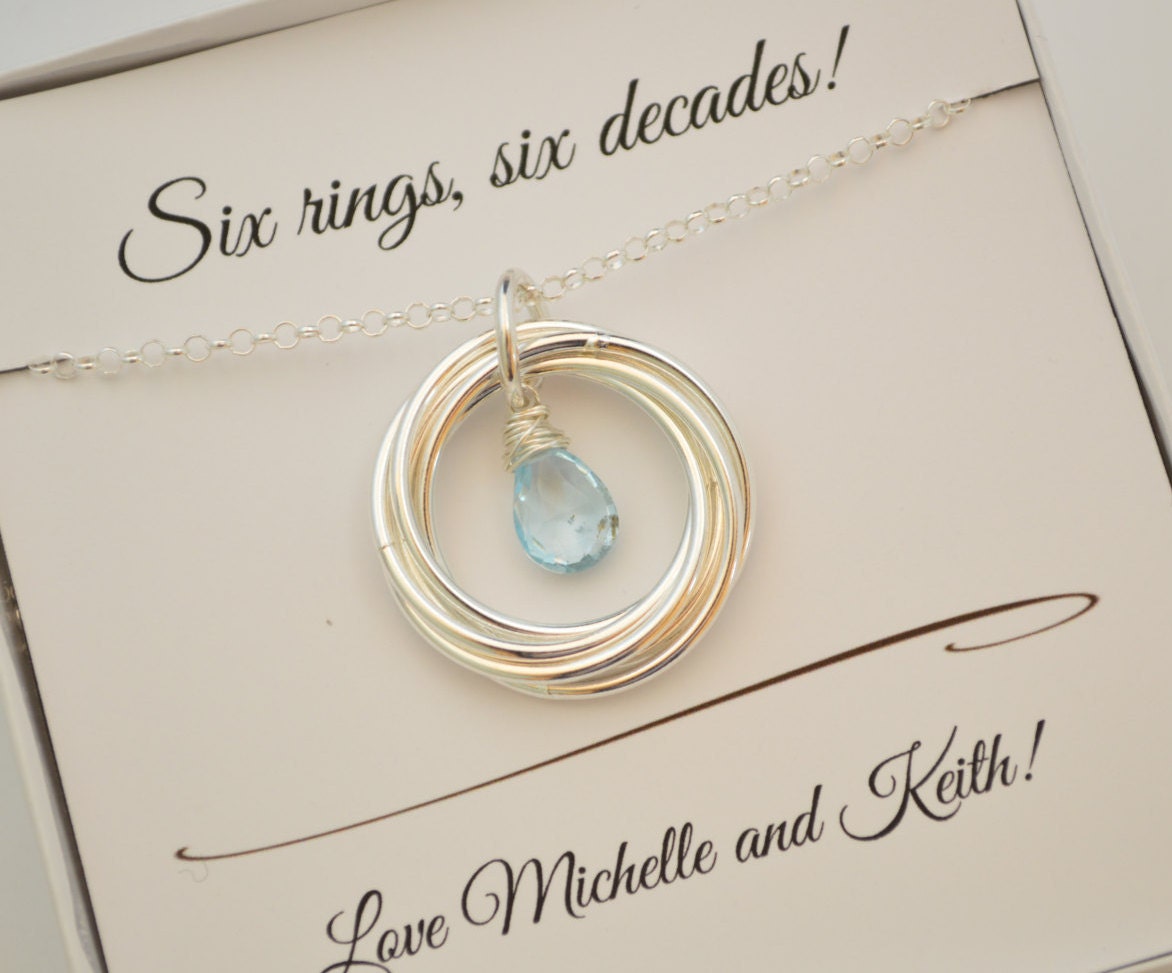 60.geburtstagsgeschenk Für Mutter Halskette, 6Th Jahrestag Geschenk Mutter, 6 Ringe Blauer Topas Schmuck, Dezember Geburtsstein Halskette von AlmaValleJewelry