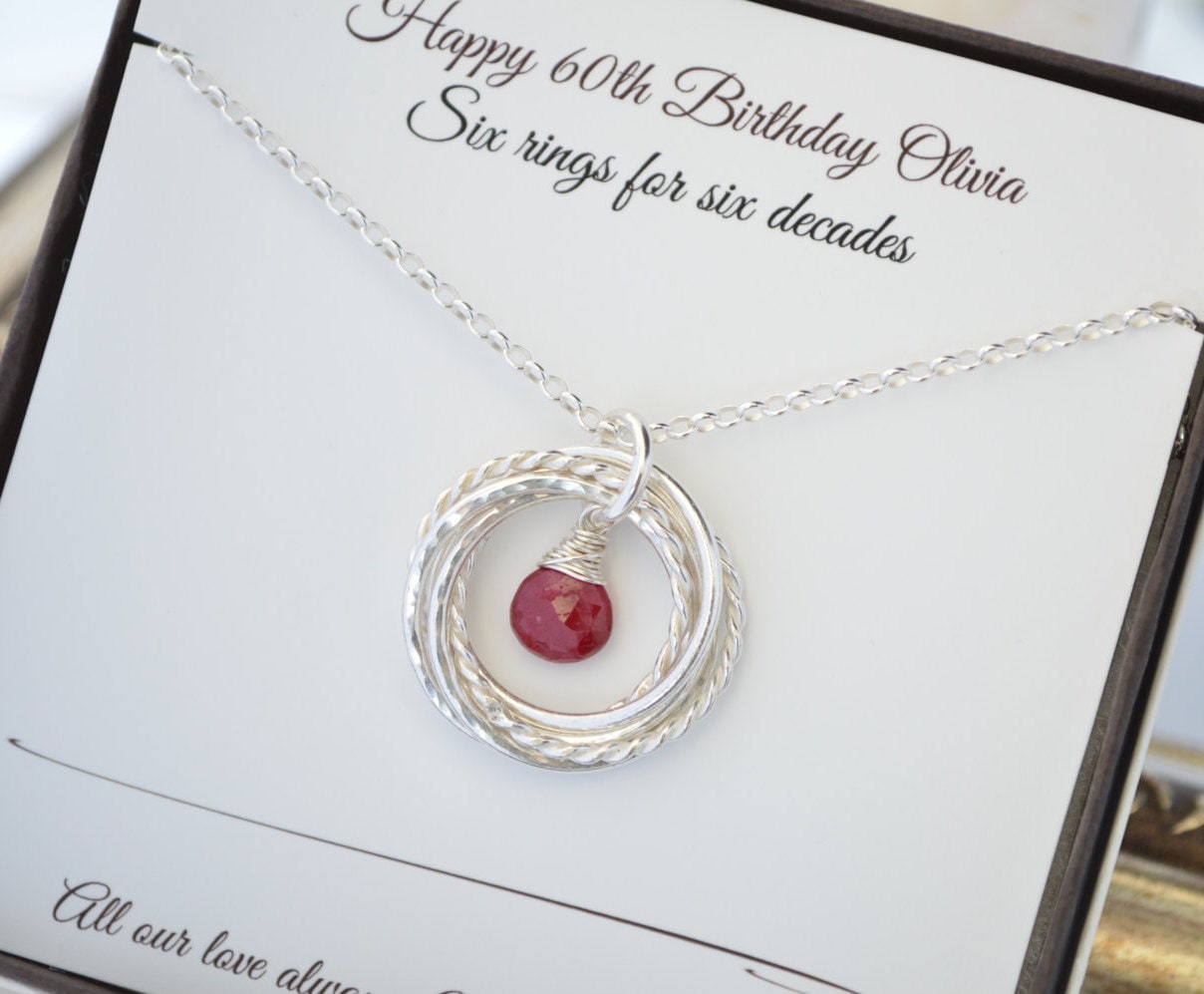 Geburtstagsgeschenk Für Mama, 60. 6 Ringe Jahrzehnte, Geburtsstein Halskette, Rubin Geschenk Zum 6 von AlmaValleJewelry