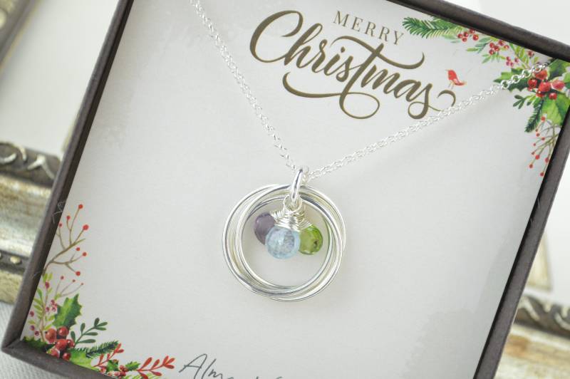 Weihnachtsgeschenk Für Mutter, Drei Ringe Halskette, Birthstone Schmuck, Mutters Geburtsstein Familie Von Drei Geschenk Oma von AlmaValleJewelry