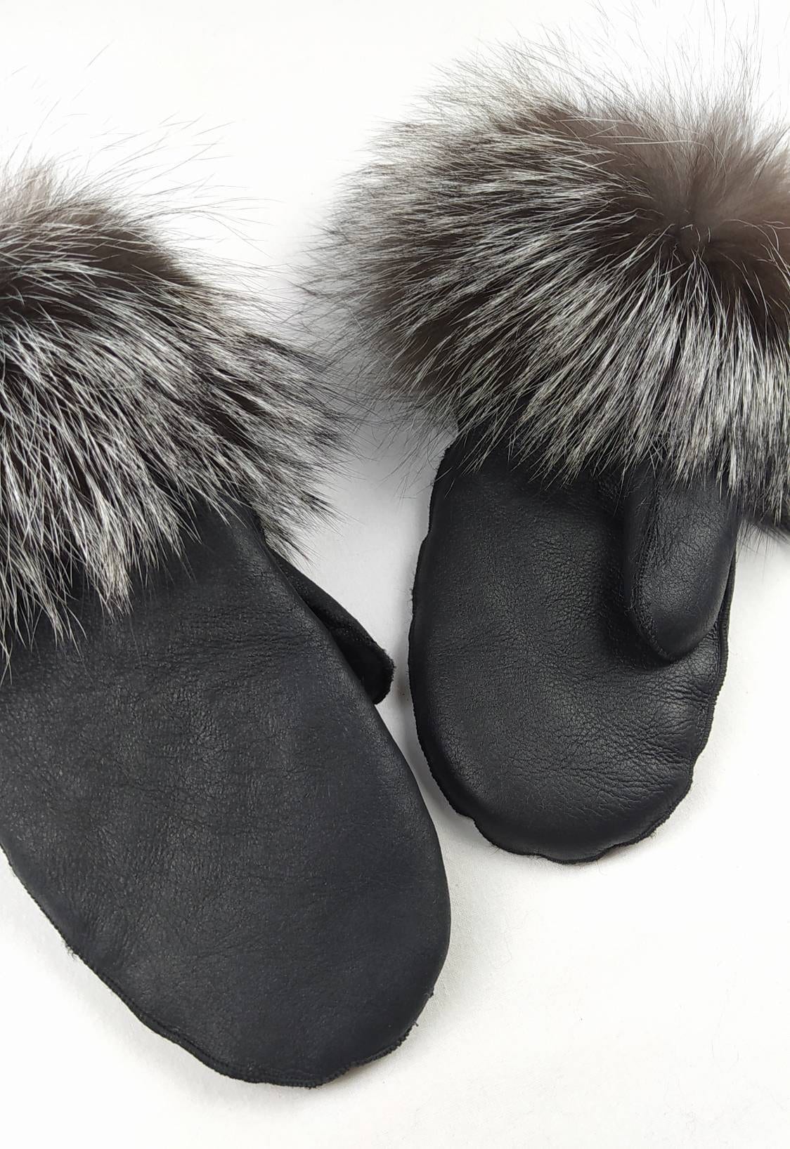 Schwarze Nappa Schaffell & Silver Fox Handschuhe, Winterhandschuhe Für Frauen, Winterhandschuhe, Fausthandschuhe von Almahats