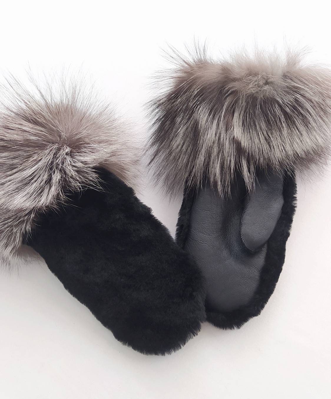 Schwarze Schaffell Wolle & Silberfuchs Fell Handschuhe, Winter Handschuhe von Almahats