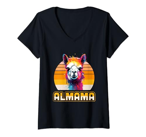 Damen Almama Mutter Vintage Muttertag beste Mama Alpaka T-Shirt mit V-Ausschnitt von Almama Muttertag Almama Geschenk Alpaka Lama