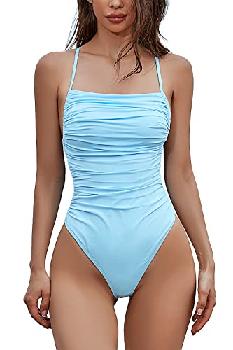 Almaree Badeanzug Damen Bauchweg High Waist Einteilige Bademode Badeanzüge für Ddamen Hellblau XL von Almaree