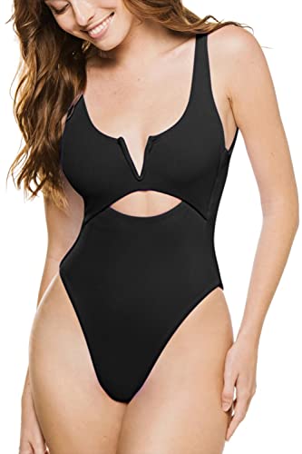 Almaree Badeanzug Damen High Waist Bauchweg V Ausschnitt Einteilige Bademode Schwarz S von Almaree