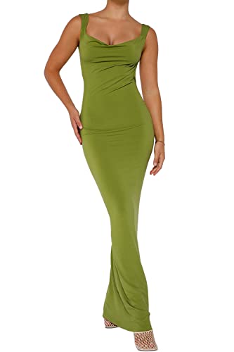 Almaree Damen Sexy Bodycon Maxikleid Rückenfrei Lange Kleider U-Wasserfallausschnitt Kleid für 2023 Sommer, Grün , Mittel von Almaree