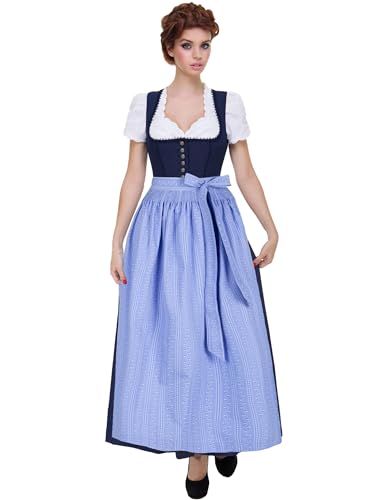 Almbock Dirndl Lang Hannah dunkelblau mit Blauer Schürze in Gr. 36 38 40 42 44 46 - traditionelles Trachtenkleid mit Knöpfen am Mieder-Teil von Almbock