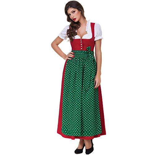 Almbock Dirndl Lang Lea rot mit grüner Schürze in Gr. 36 38 40 42 44 46 - festliches Trachten-Kleid, Rock-Länge 95cm von Almbock