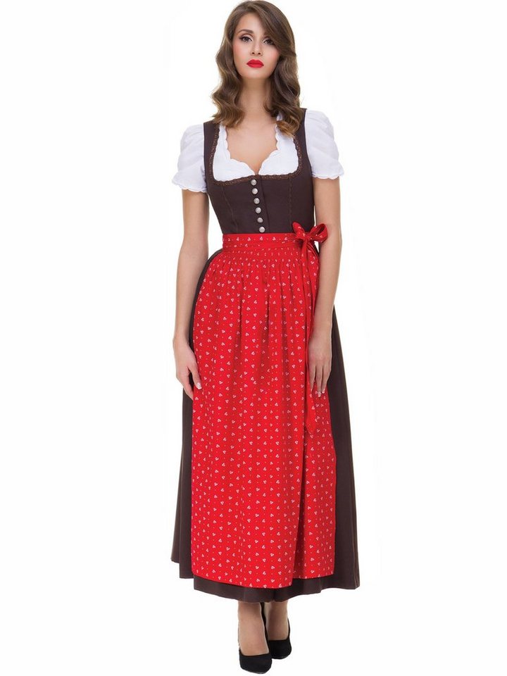 Almbock Dirndl Langes Dirndl Elena (2-tlg) braun mit roter Schürze von Almbock