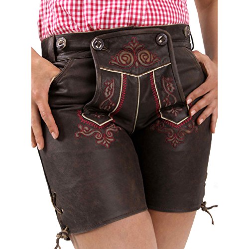 Almbock Trachten-Lederhose Damen Eva Dunkelbraun mit pinken Stickereien in Gr. 34 36 38 40 42 - Damen-Lederhose aus Büffel-Leder von Almbock